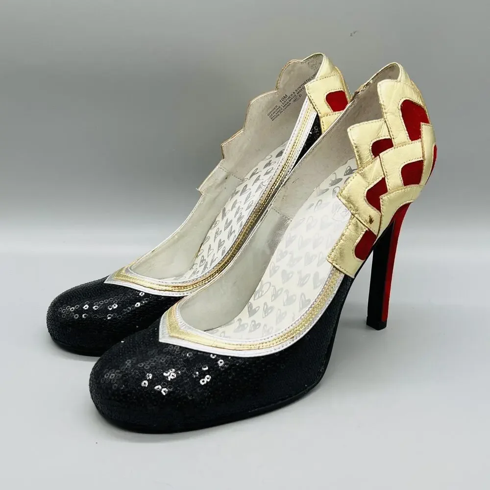 Oh Deer Shoes Women 10 Black Red Gold Sequin Ginger Stiletto Heel Pump Round Toe
